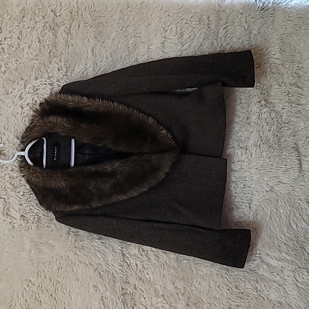 Planet, Women's Brown Faux Fur Collar Jacket